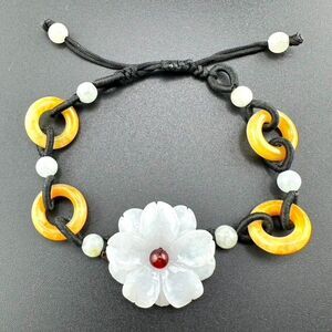 Hand Carved Stone Jade? Floral Flower Ring Adjustable Bracelet